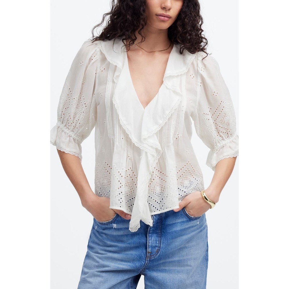Madewell Pintucked Ruffled Puff Sleeve Eyelet Blouse White Small